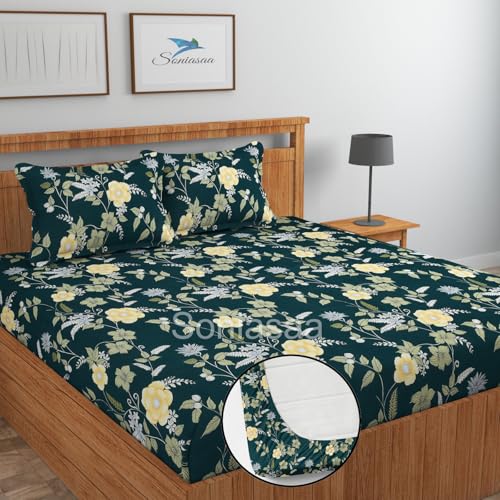 Image of 210 TC Glace-Cotton All Around Elastic Fitted Bedsheet, Elastic Fitted Bedsheet King Size Bedsheet for Double Bed with 2 Pillow Covers, Size - 72 x 78 x 8 Inch Color Green