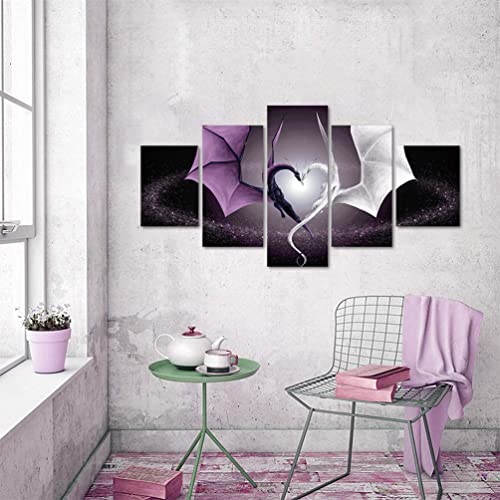Yatsen Bridge 5 Panel Canvas Wall Art Decor Fantasy Scene Devil's Wing Prints Painting Creative Heart Shaped Dragon Poster Decorations Stretched And Framed Ready To Hang For Living Room (60''Wx32''H) #TOP3