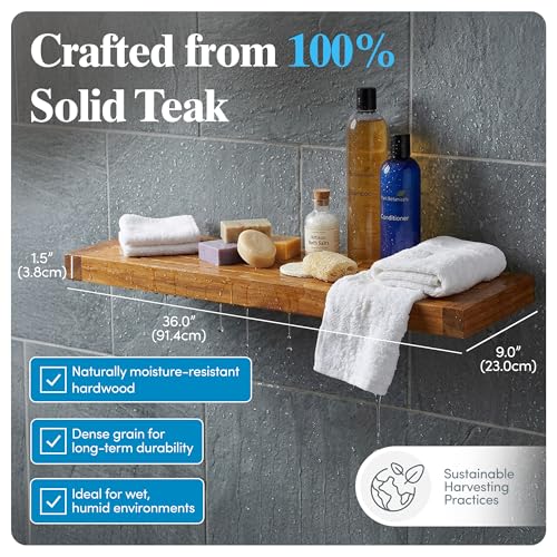Image of AquaTeak Moa 36 inch Teak Floating Shelf, Wall Mounted, Holds Up to 10 lbs