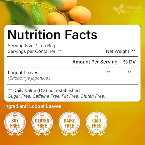 Image of FreshDrinkUS, Premium 40 Tea Bags Loquat Leaf Tea | Eriobotrya japonica | Herbal Tea Bags | Naturally Dried Loquat Leaves | Caffeine-Free Botanical Tea. Sugar-Free. Caffeine-Free. Vegan