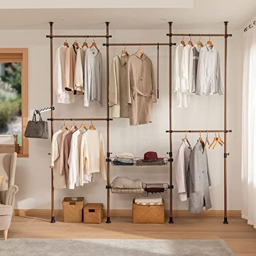 SoBuy KLS04-BR, Adjustable Wardrobe Organizer Clothes Shelf System Hanging Rail Telescopic Storage Shelving, Brown