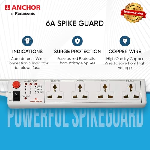 Anchor by Panasonic 4 way 6A International Socket with Single Switch | 4 Way Extension Board with 4 Mtr Extension Cord | Multi Plug Socket for Home... - Image 4