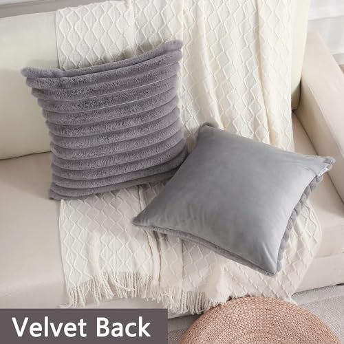 Image of MONKDECOR Single Sided Faux Fur Plush Throw Pillow Covers 12x12 Set of 1 Fuzzy Striped Soft Cozy Pillowcase Luxury Decorative Pillows Square Shaggy Cushion Covers for Couch Sofa Bed, Grey Color