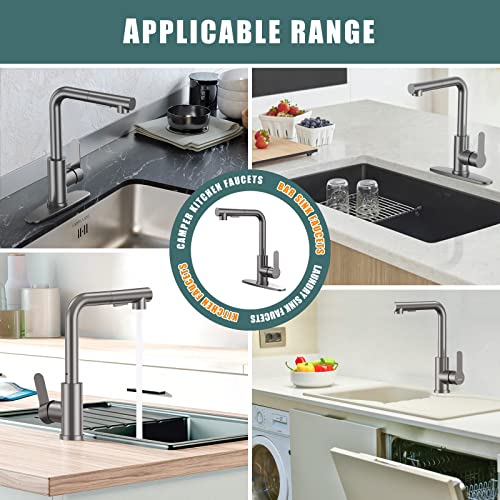 Kitchen Faucets, Brushed Grey Kitchen Faucet With Pull Down Sprayer And Deck Plate, Stainless Steel Commercial Utility Kitchen Faucets For Sink 3 Hole For Bar Rv Camper Laundry Outdoor Farmhouse Sink #TOP5