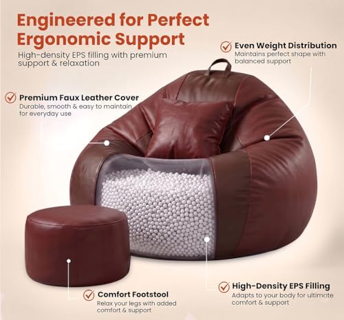 Image of Sattva Classic 2XL Sofa Style Bean Bag Chair with Beans Filled | Faux Leather Bin Bags Sofa Set with Footstool & Cushion | Comfortable Beam Bag & Beanbags for Adults, Home & Office - Brown & Tan