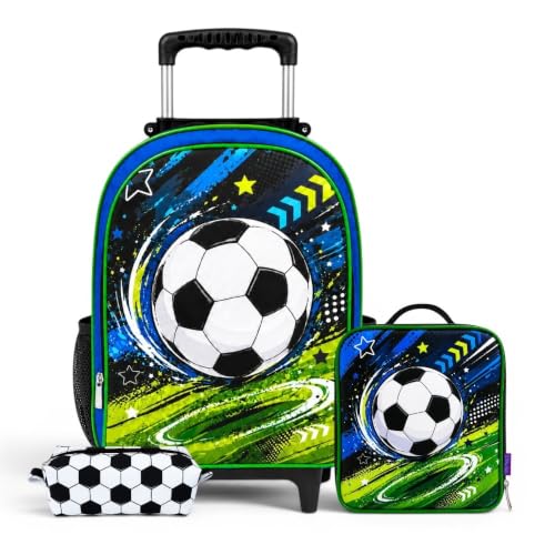 Mochila de Rodinhas Infantil Bolsa Grande Masculina + Lancheira + Estojo | Kit 3 Peças Futebol