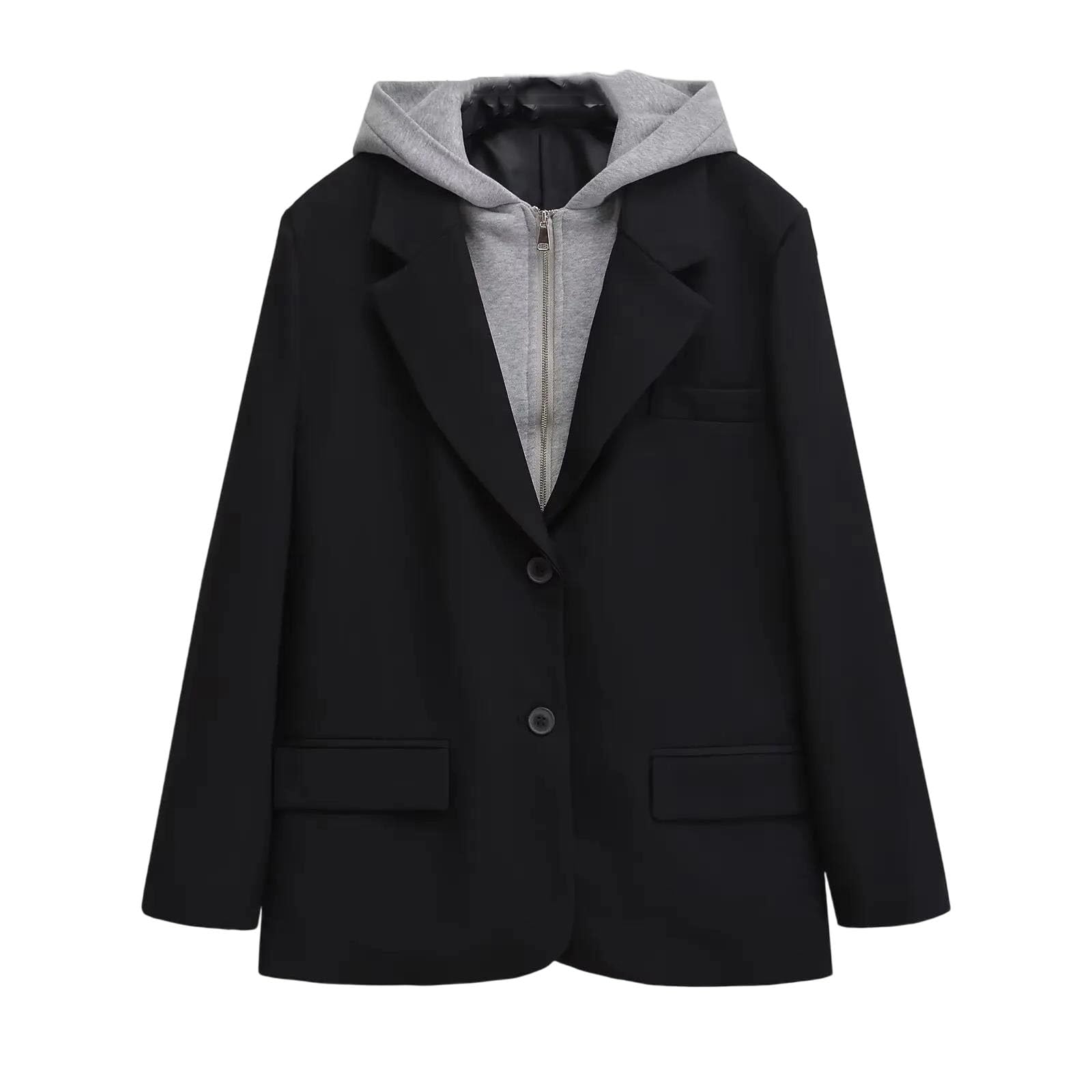Hndudnff Womens Casual Suit Jacket Single Breasted Hooded Two-Piece Splicing Suit Jacket