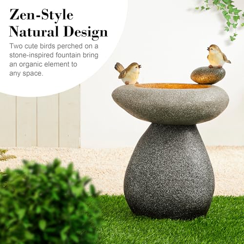 Image of Glitzhome 20.75 inch H Water Fountain with LED Light and Pump, Zen Style Faux Stone Texture Birdbath Outdoor Fountains with Birds Decor, Floor Fountain for Porch Deck Patio Backyard