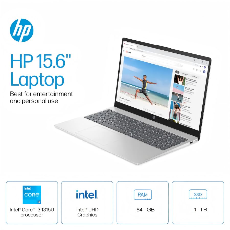 Image of HP Touchscreen Laptop, Intel 6-Core i3-1315U, 15.6'' HD Display, 64GB RAM, 1TB SSD, Windows 11 Pro, Copilot AI, Fast Charge, Wi-Fi 6, HD Camera, HDMI, HD Audio, for Student Business, w /Accessories