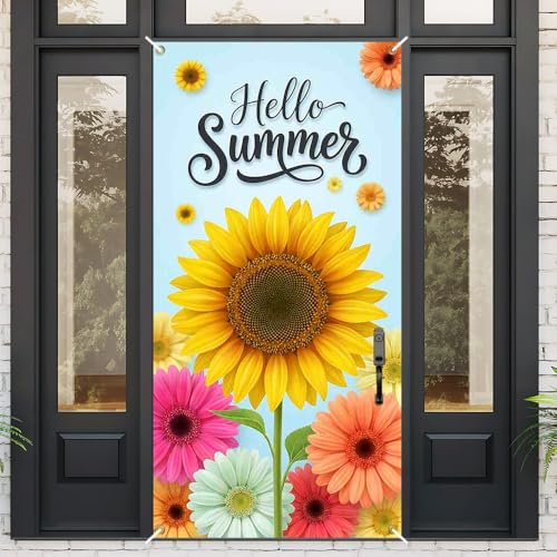 Image of Hello Summer Sunflower Door Cover Decorative Front Door Banner