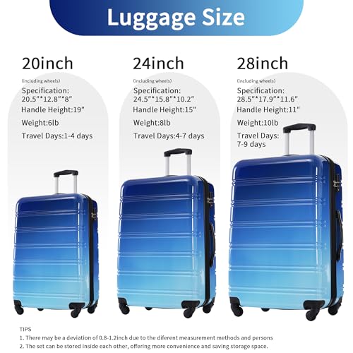Luggage Sets 3 Piece with Spinner Wheels and TSA Lock, Hardside Expandable Suitcase Set, Lightweight Gradient Color Luggage Sets 20+24+28 IN (Blue Multi)2