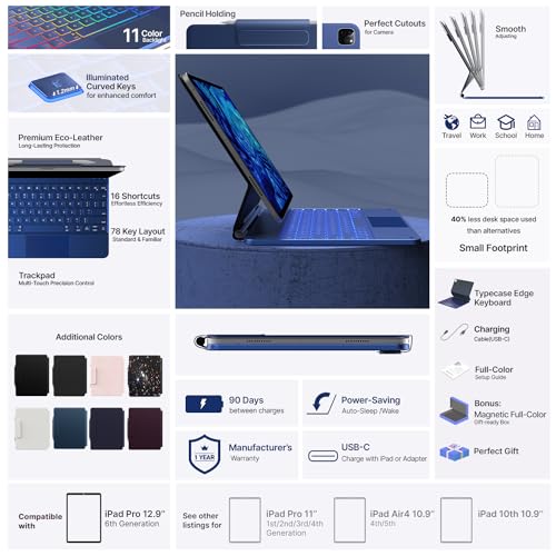 Image of typecase Edge for iPad Air 13 (M4 /M3 /M2, 2026 /2025 /2024) & Pro 12.9 (6th /5th /4th /3rd) with 11-Color Backlit, Precision Trackpad, Magic Floating Keyboard (NOT FIT to Pro 13 (M5 /M4)-Navy Blue'26