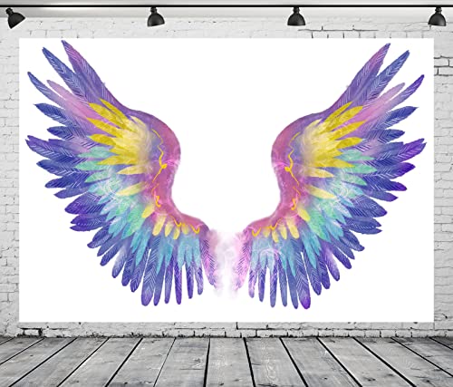 BELECO 7x5ft Magic Angel Wings Photography Backdrop Rainbow Watercolor Angel Feather Wings White Background for Birthday Baby Shower Party Decorations Artistic Portrait Photoshoot Studio Booth Props