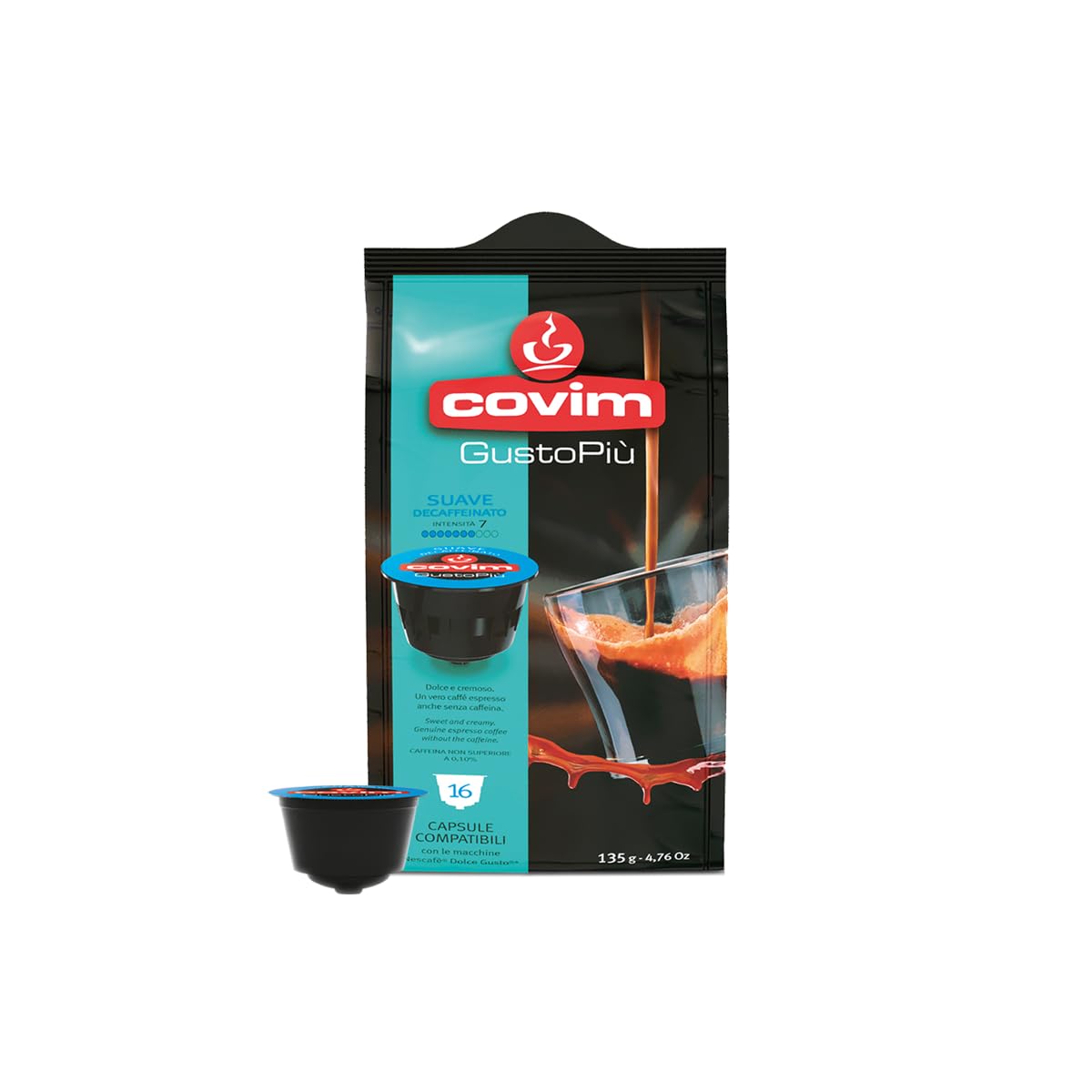 Covim Caffè - Capsule di Caffè Decaffeinato, 96 Capsule Monodose (6x16 pz), Intensità 6, Compatibili con Nescafè Dolce Gusto, Espresso Dolce e Cremoso con Aromi di Cereali e Malto
