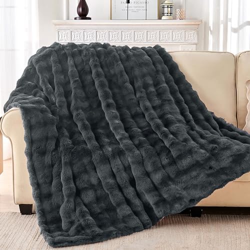 Luxury Faux Rabbit Fur Throw Blanket, Soft Bubble Fluffy Blanket Cozy Fuzzy Throw Blankets for Bed Sofa Couch, Decorative Thick Warm Plush Fuzzy Elegant Soft Mink Blanket (50