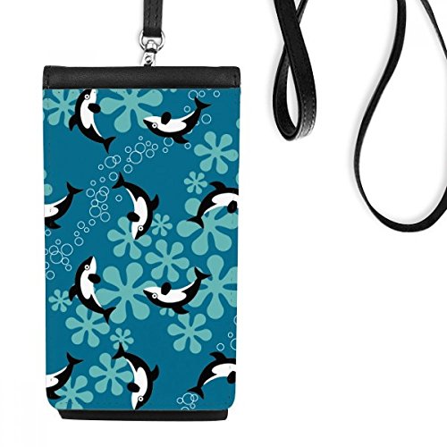 Portefeuille téléphone noir en cuir imprimé baleine avec cordon