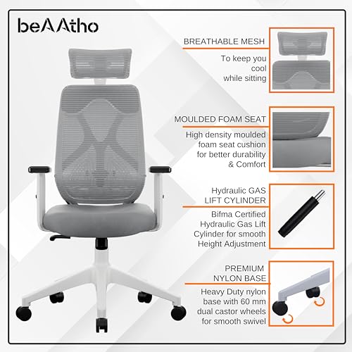 beAAtho Dusk Ergonomic High Back Office Chair | 2D Adjustable Arm & Headrest, Lumbar Support, Single Lock Synchro, Metal Base | Revolving Mesh... - Image 4