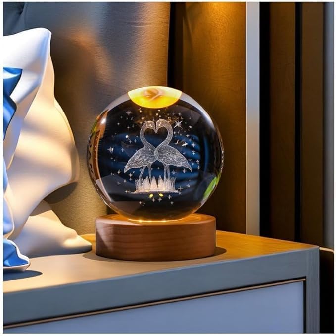 Image of 3D Crystal Ball LED Night Lamp with Wooden Base | Warm Light Bedside Table Lamp for Bedroom, Living Room, Kids Room, Study, Home Decoration & Gifting (K Flamingo)