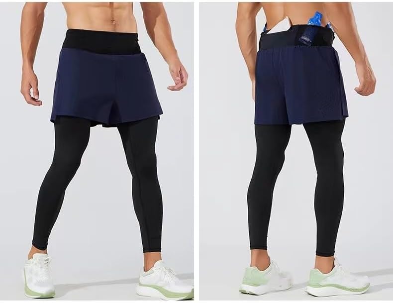Men’S 2-in-1 Compression Running Pants with Pocket,High Stretch Workout Leggings with Outer Shorts for Gym Training