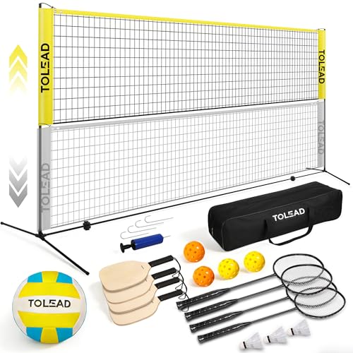 TOLEAD Badminton Pickleball Set with Net, 17ft x 3-5ft Height Adjustable Portable Kids' Volleyball Net for Backyard, Outdoor Sports Set All-in-One w/Volleyball Pickleball Paddles, Badminton Rackets