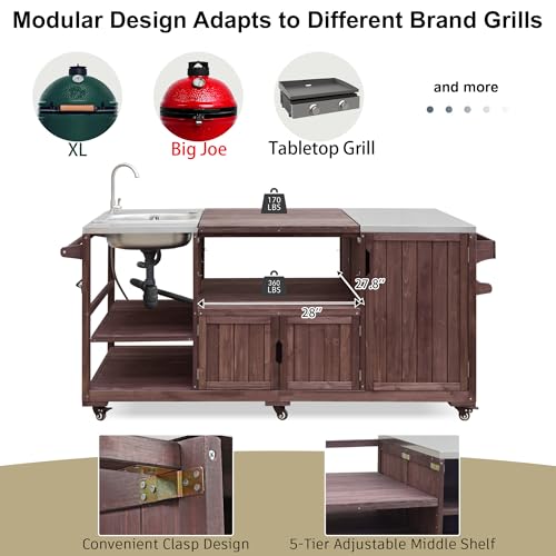 Image of Merax 75.4 inch Outdoor Grill Table for Big Green Egg, Outdoor Grill Cart with Sink, Solid Wood Grill Station Prep Table with with Stainless Steel Tabletop and Storage for Pizza Prep & BBQ,Brown