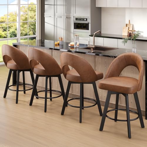 Image of YaFiti 24 inch Counter Height Bar Stools Set of 4, Modern Swivel Bar Stools with Ergonomic Curved Back, Faux Leather Seat & Solid Wood Legs, Light Tan