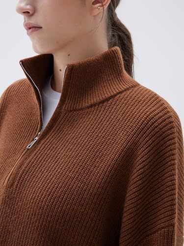 Image of SUUKSESS Women Cashmere Blend Oversized Quarter Zip Pullover Sweater Long Sleeve Collared Ribbed Knit Jumper Tops