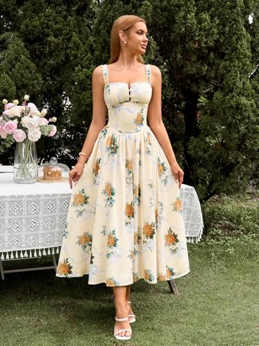 Image of KUTUMAI Women Summer Corset Midi Floral Wedding Guest Dresses with Pockets | Lace Neck, Smocked Back, Flowy A Line Sundress for 2026 Engagement Photoshoot Bridal Shower Garden Party