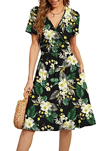 WEACZZY Women Dress with Pockets Sundress Summer Casual Swing Dress A-Line Cotton Dress,Floral Green Leaf,L