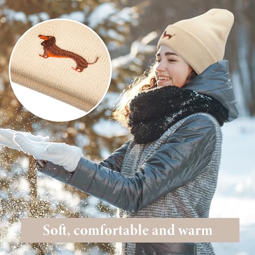 Geyoga Warme Weiche Wintermütze Winter Beanie Mütze Strickmütze mit Stickerei Kalte Mütze mit Hundestickerei Geschenk Strickmütze für Hundebesitzer(Beige,Einfacher Dackel)