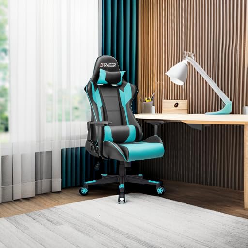 Homall Gaming Chair, Office Chair High Back Computer Chair Leather Desk Chair Racing Executive Ergonomic Adjustable Swivel Task Chair with Headrest and Lumbar Support(Cyan)