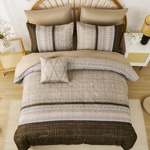 Image of Dintszyayue Brown Comforter Set Queen Size, 8 Pieces Boho Striped Bed in a Bag Soft Microfiber Bedding Set for All Season