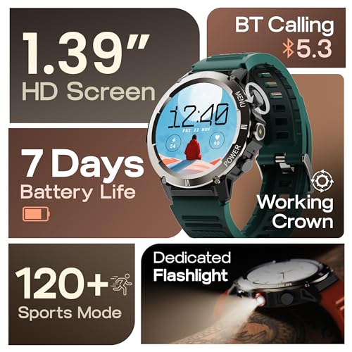 Image of GOBOULT Tuff Hawk Smart Watch 1.39'' HD Display, BT Calling, Working Crown, 150+Watchfaces, 450 Nits Brightness, AI Voice Assistant, SpO2 Monitoring (Green) (Green)