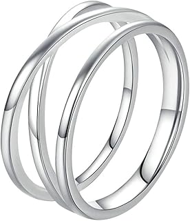 Stfery 9/14K White Gold Crossover Threeo Row Band Ring Real Gold, Womens Stacking Ring