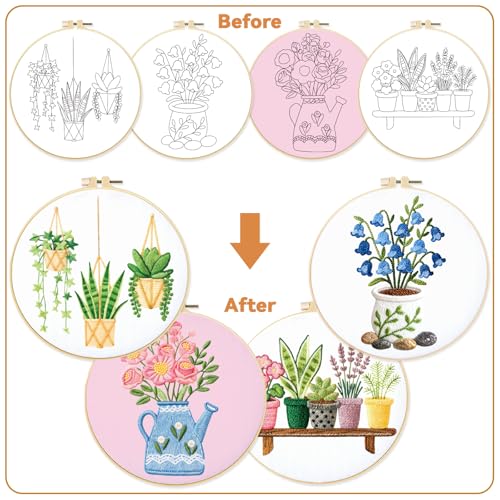 Image of BEUNITONE 4 Set Embroidery Kit for Beginners, Vase Plants Cross Stitch Kits, Needlepoint Kits for Adults with Instructions and Full Kit, Creative Hand Embroidery Patterns for Cloth and Home Decor