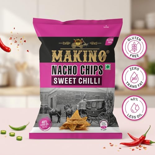 Image of Makino Nachos Chips Sweet Chilli Flavor | Corn Nachos Snack (150g x 3) | Crunchy Tortilla Chips for Dip & Party | Gluten Free Snack