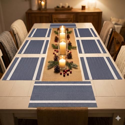 Image of YELONA Placemats Set of 8, Heat-Resistant Woven Vinyl Table Mats, Non-Slip & Washable Dining Tablemats for Kitchen & Dinner Decor, Dark Blue & Gold (45cm x 30cm)