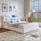 HOOGDLJ Polsterbett Doppelbett 160x200 cm, polsterbett 160x200 mit bettkasten Jugendbett mit Led und USB Stauraumbett Funktionsbett Bettgestell mit Kopfteil und Lattenrost (Weiß)