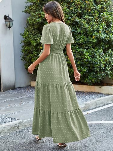 Image of MASCOMODA Women Boho Swiss Dot Maxi Dresses Wrap V Neck Flutter Short Sleeve Solid Tie Waist A Line Tiered Flowy Long Dresses