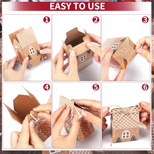 24 Stück Geschenkbox Weihnachten, Adventskalender Häuschen Kraftpapier Geschenkbox Geschenkverpackung Weihnachten mit Hanfseil Geschenkschachtel für Süßigkeiten Schokolade
