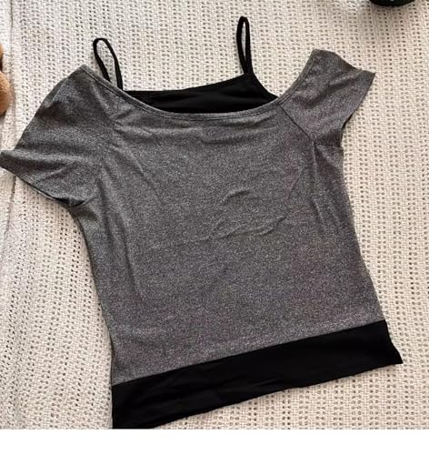 Emo Grunge Shirts Women Graphic Baby Tees Fake Two Piece Short Sleeve Vintage Y2k Crop Top Goth Alt Clothes, Grey Black, S