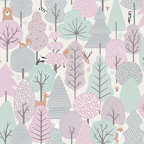 Children's Wild Wood Pink Wallpaper - Feature Wall Modern Naturistic Birds Mushrooms - Paste The Wall