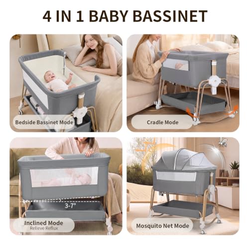Image of 4-in-1 Baby Bassinet, Portable Bassinet Bedside Sleeper with Mosquito Net