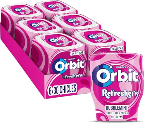 Orbit Refreshers, Bote de Chicles Sin Azúcar Sabor Bubblemint que proporciona frescura inmediata en formato gragea (6 x 30 chicles)