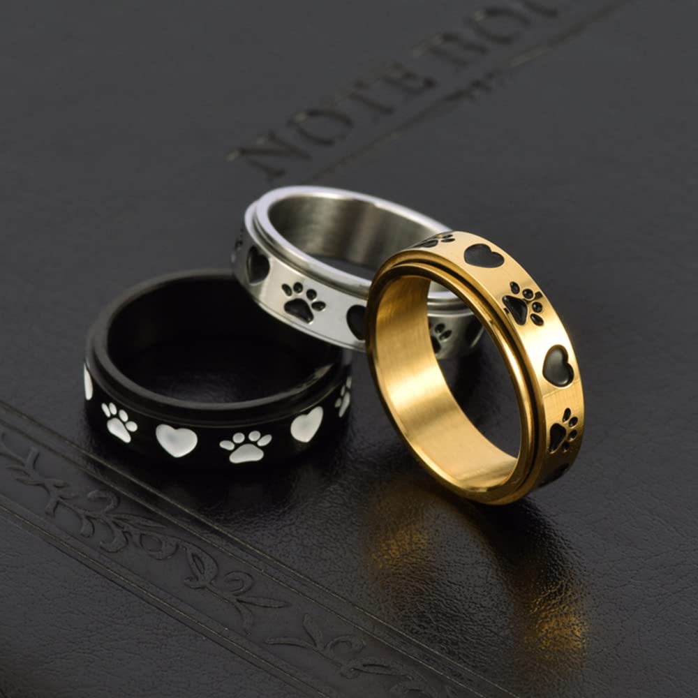 Adorable bague anti-stress avec empreintes de pattes de chien en acier inoxydable noir - Cadeau de mariage ou d'anniversaire pour femme et homme - Pour l'ennui, le TDAH, l'autisme et l'anxiété