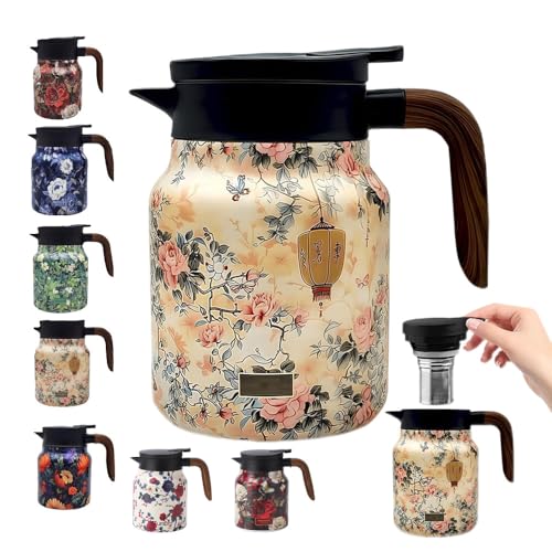 Vintage Floral Pattern Tea Pots – Built-in Infuser,Vintage Floral Teapot with Built In Infuser Stainless Steel Thermal Carafe with Lid for Hot Drinks,Pink(Wooden handle,35oz)
