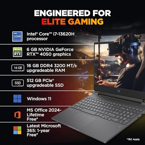 Image of HP Smartchoice Victus, 13th Gen i7-13620H, 6GB RTX 4050, 16GB DDR4(Upgradeable) 512GB SSD, 144Hz, 300nits, FHD, 15.6'' /39.6cm, Win11, M365* Office24, Mica Silver, 2.3kg, fa2100 /03 /04tx, Gaming Laptop