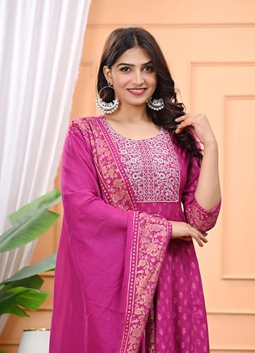 Women's Embroidered Anarkali Kurti Pants Set with Cotton Dupatta Flared Long Ethnic Dress for Partywear4
