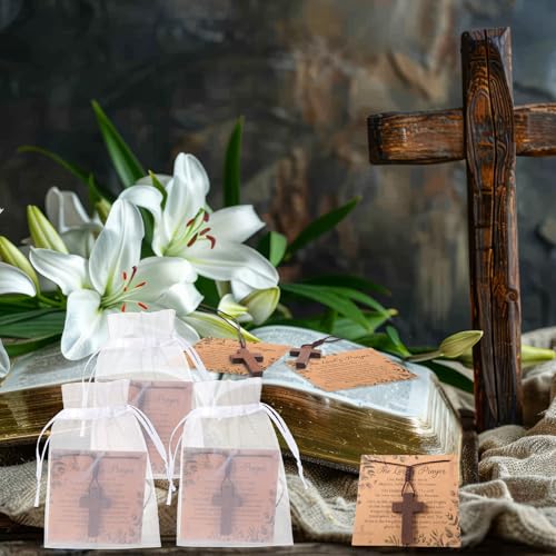 24 Set Wooden Cross Necklace Bulk Christian Gifts with 24 Prayer Necklace Cards 24 Organza Bags Wood Cross Pendant Necklace for Easter Party Men Women Prayer Spiritual Religious Jewelry4