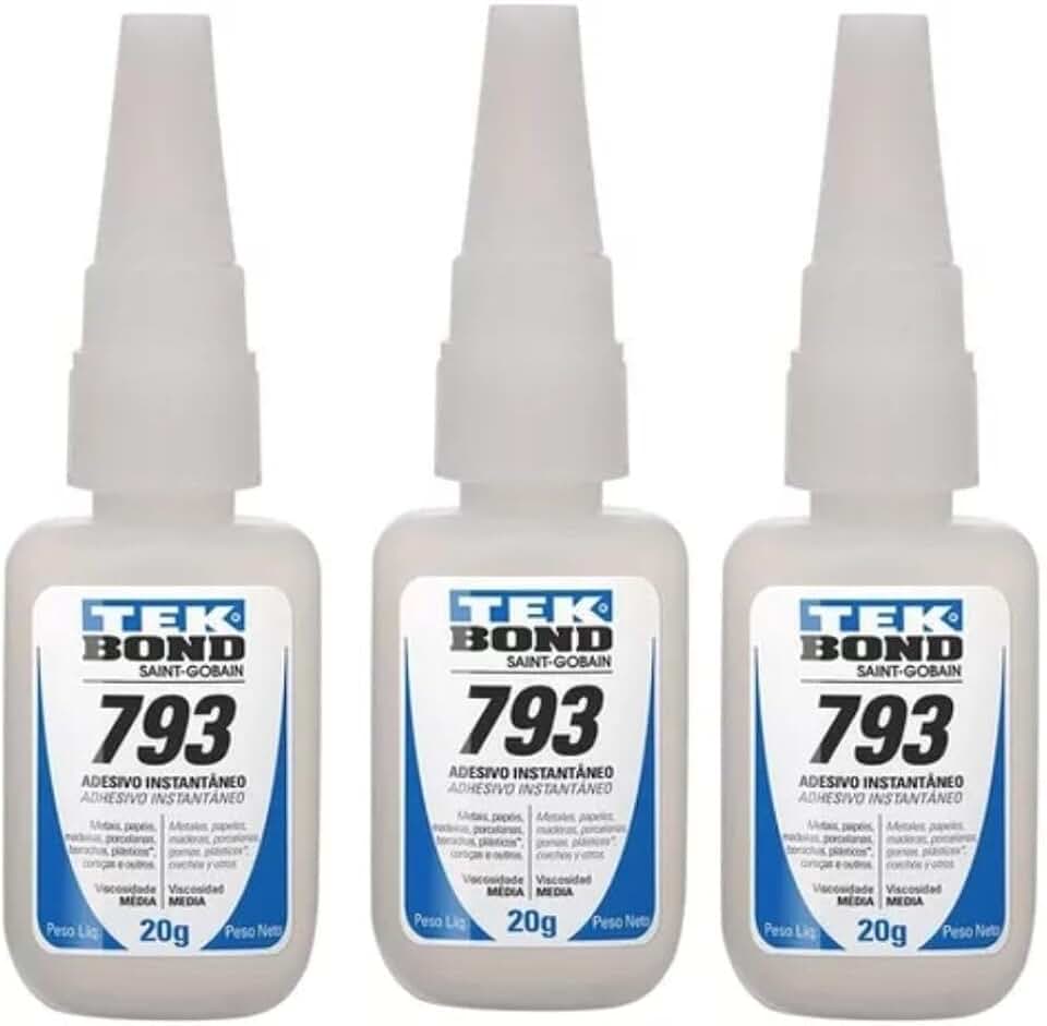 Kit 3 unidades Colas Instantânea Tekbond 793 20g Superbond Top Qualidade Cor Transparente, Unhas postiças Plásticos rígidos, Borracha, Metais, Madeira, porcelana e couro.